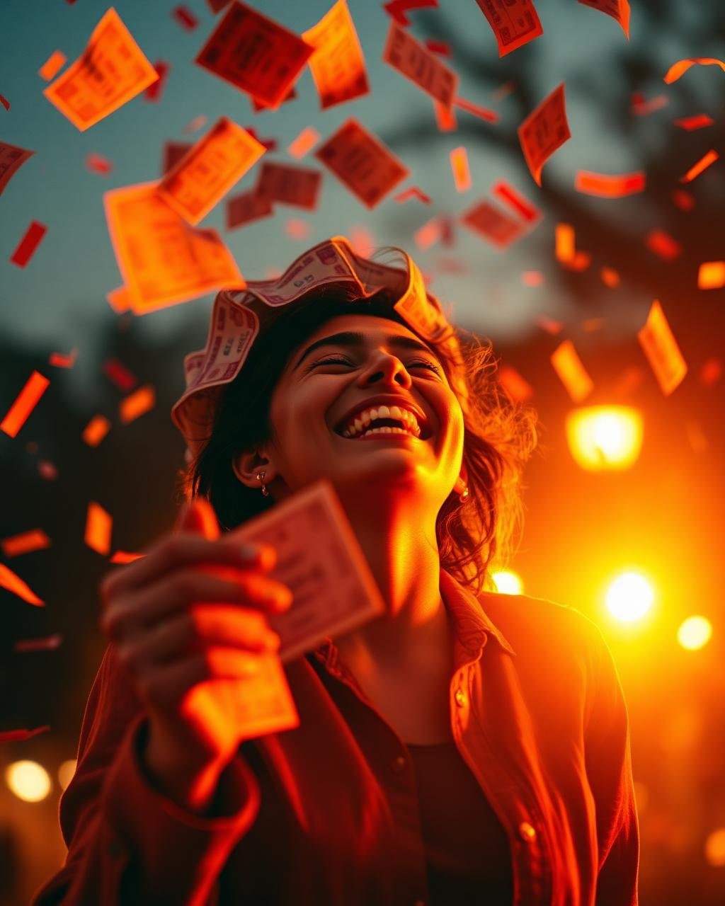 A winner celebrating with lottery tickets in golden sunset light
